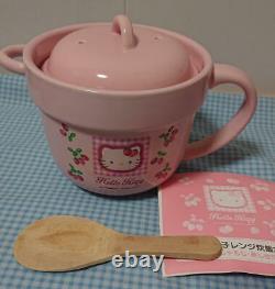 Sanrio Hello Kitty Pottery Rice cooker 1.5 cups Microwave with Wooden Server Used